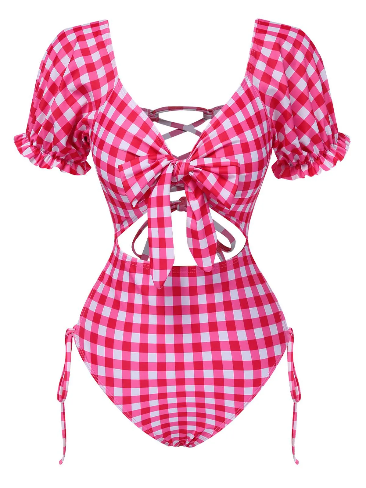Red 1950s Gingham Plaid Hollow Puff Swimsuit sold by Retro Stage