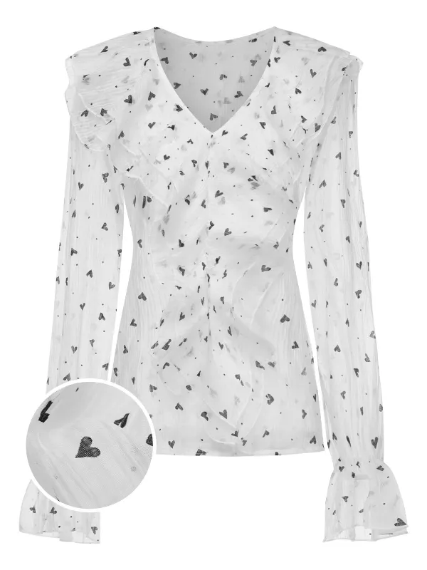 White 1940s Heart Dots Illusion Ruffle Blouse sold by Retro Stage