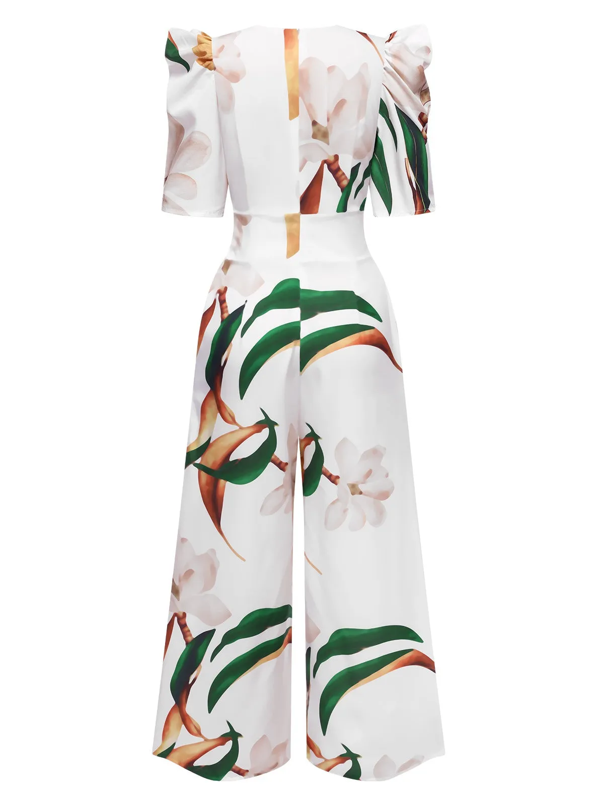 Multicolor 1930s V-Neck Puff Magnolia Floral Jumpsuit sold by Retro Stage product image thumbnail 3