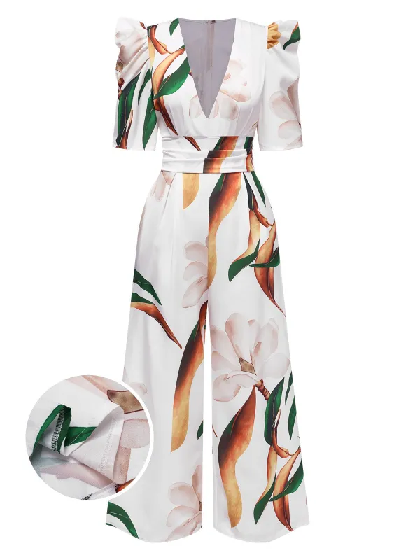 Multicolor 1930s V-Neck Puff Magnolia Floral Jumpsuit sold by Retro Stage
