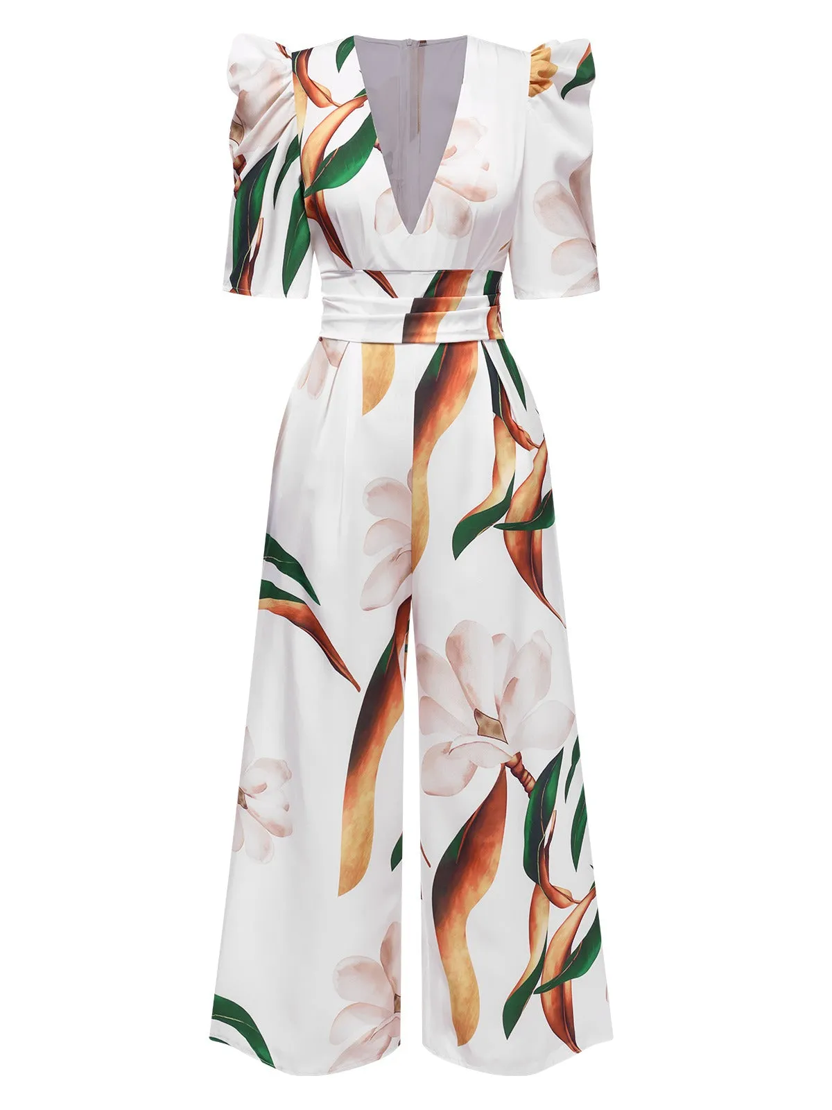 Multicolor 1930s V-Neck Puff Magnolia Floral Jumpsuit sold by Retro Stage product image thumbnail 2