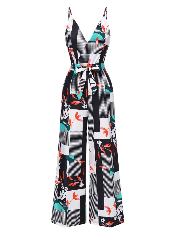 Multicolor 1970s V-Neck Geometric Plant Straps Jumpsuit sold by Retro Stage