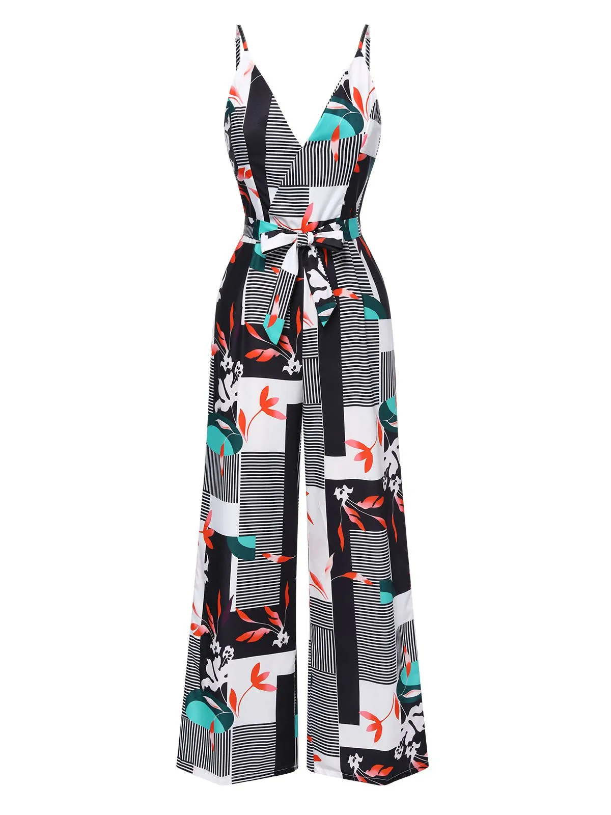 Multicolor 1970s V-Neck Geometric Plant Straps Jumpsuit sold by Retro Stage