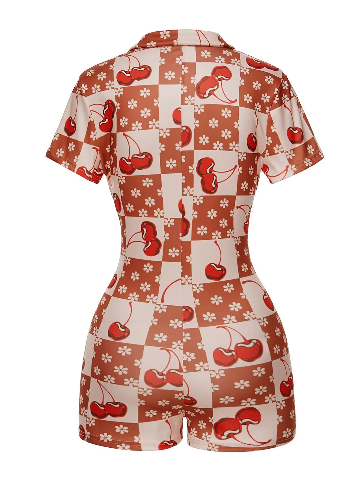 Brown & Red 1950s Cherry Checkerboard Lapel Romper sold by Retro Stage product image thumbnail 3