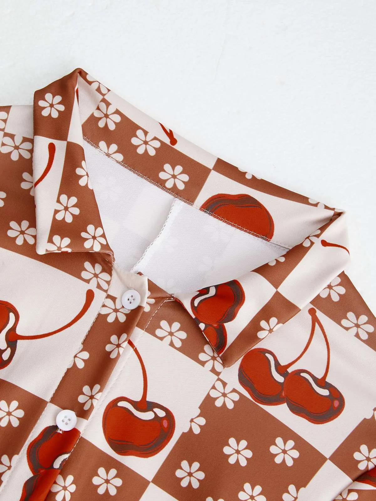 Brown & Red 1950s Cherry Checkerboard Lapel Romper sold by Retro Stage product image thumbnail 5