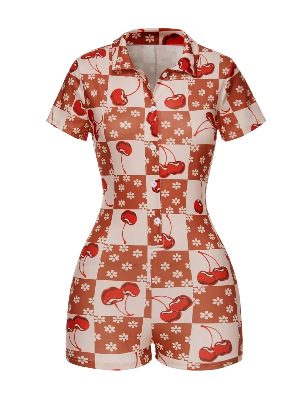 Brown & Red 1950s Cherry Checkerboard Lapel Romper sold by Retro Stage
