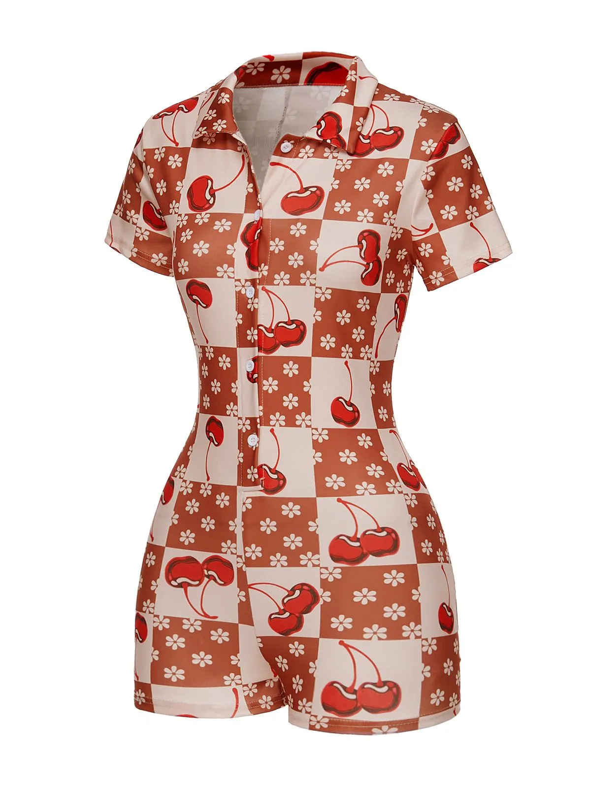 Brown & Red 1950s Cherry Checkerboard Lapel Romper sold by Retro Stage product image thumbnail 2