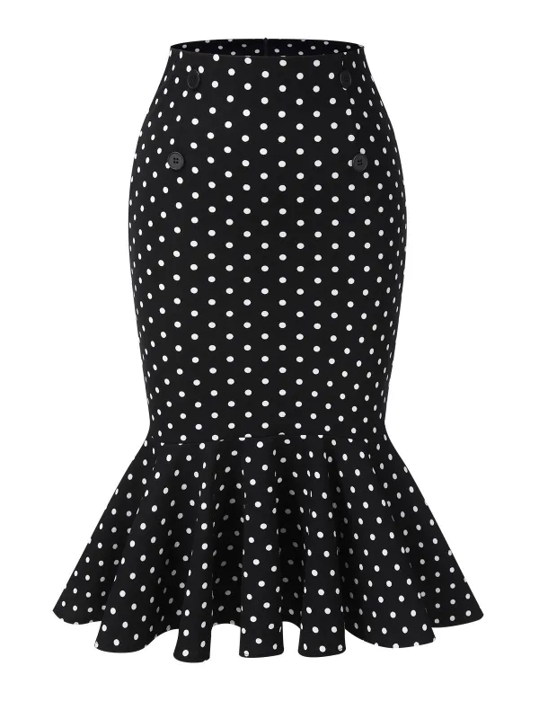 Black 1930s Polka Dots Fishtail Skirt sold by Retro Stage