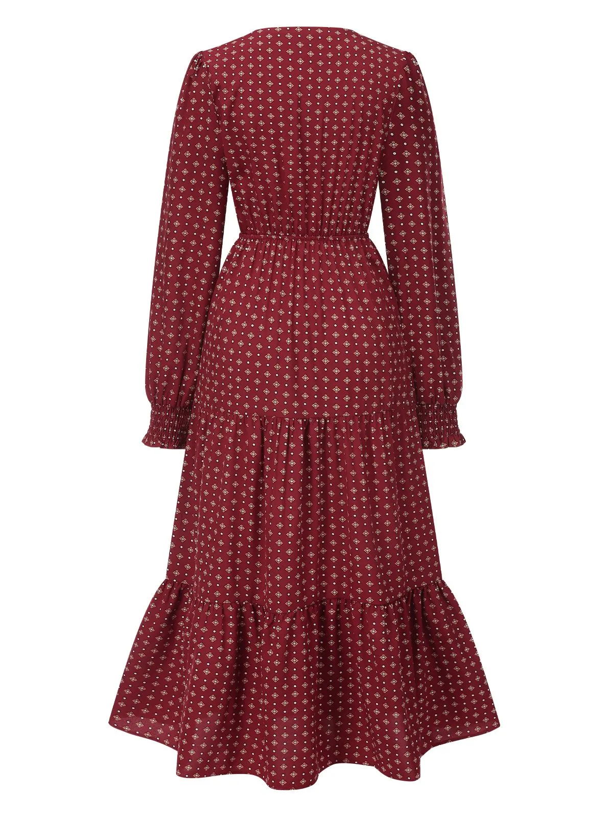 Wine Red 1940s Ruffled Long Sleeve Printed Dress sold by Retro Stage product image thumbnail 2