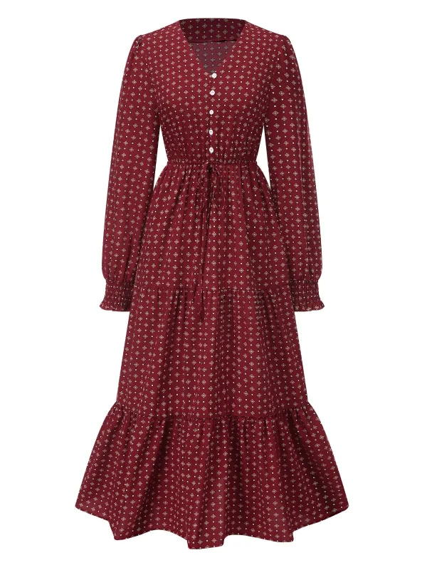 Wine Red 1940s Ruffled Long Sleeve Printed Dress sold by Retro Stage