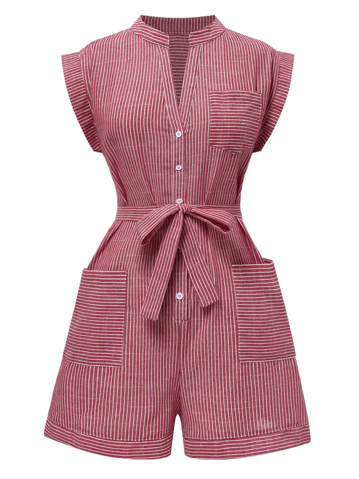 1940s V-Neck Pockets Belted Stripe Romper sold by Retro Stage product image thumbnail 5