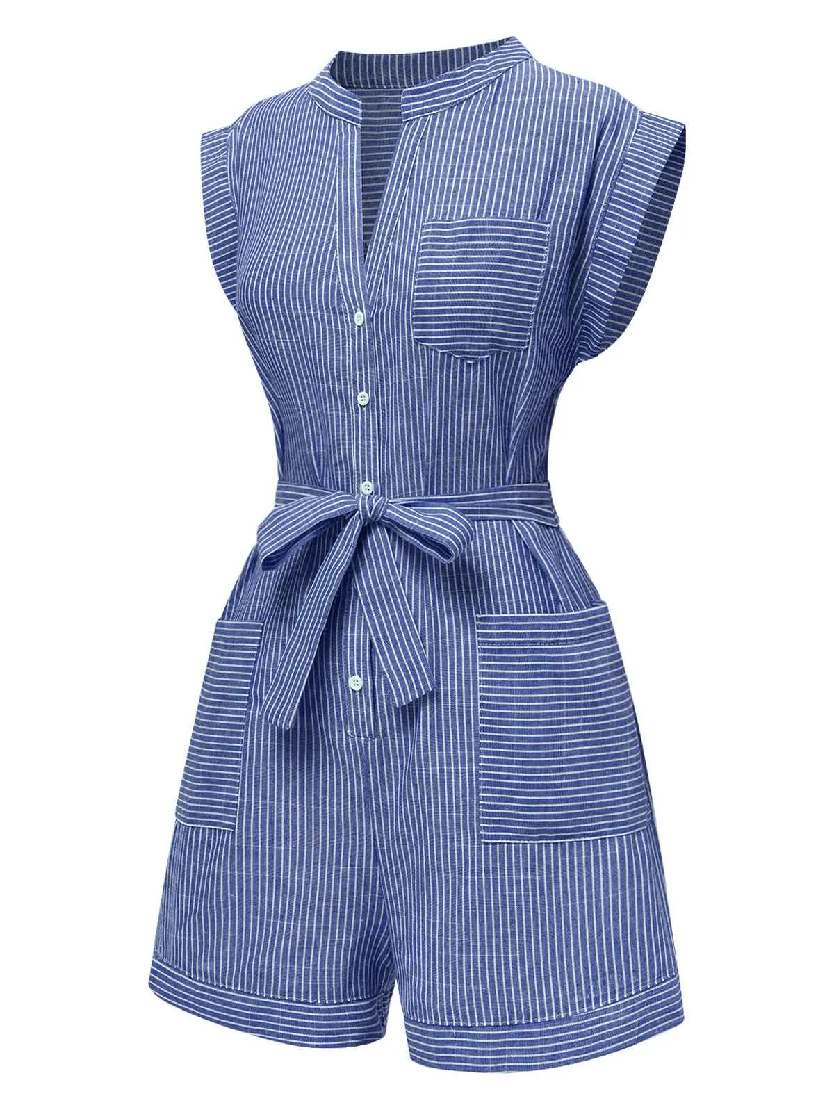1940s V-Neck Pockets Belted Stripe Romper sold by Retro Stage product image thumbnail 2