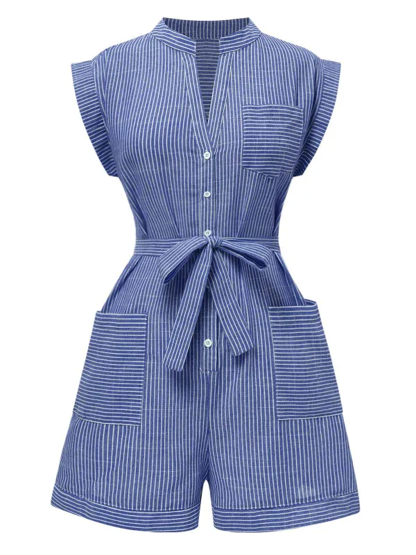 1940s V-Neck Pockets Belted Stripe Romper sold by Retro Stage