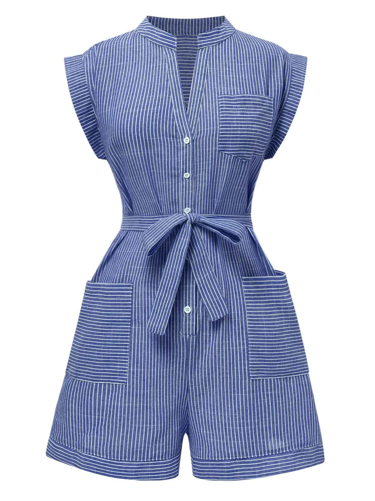 1940s V-Neck Pockets Belted Stripe Romper sold by Retro Stage