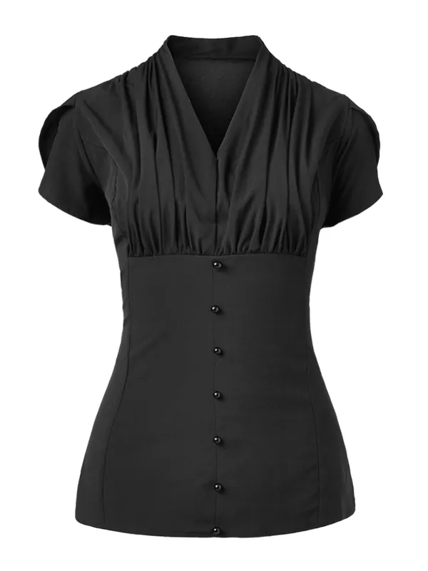 Black 1960s Solid Pleated Petal Sleeve Blouse sold by Retro Stage