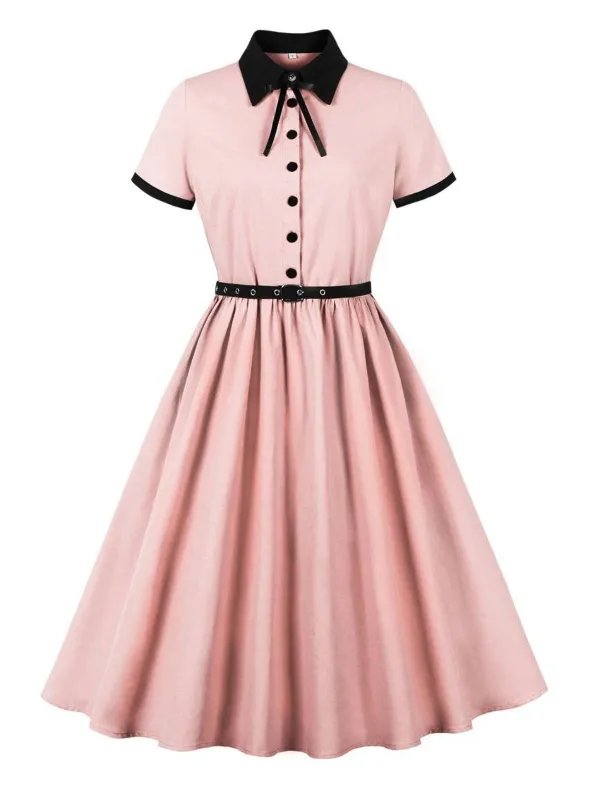 1950s Lapel Colorblock Swing Shirt Dress sold by Retro Stage