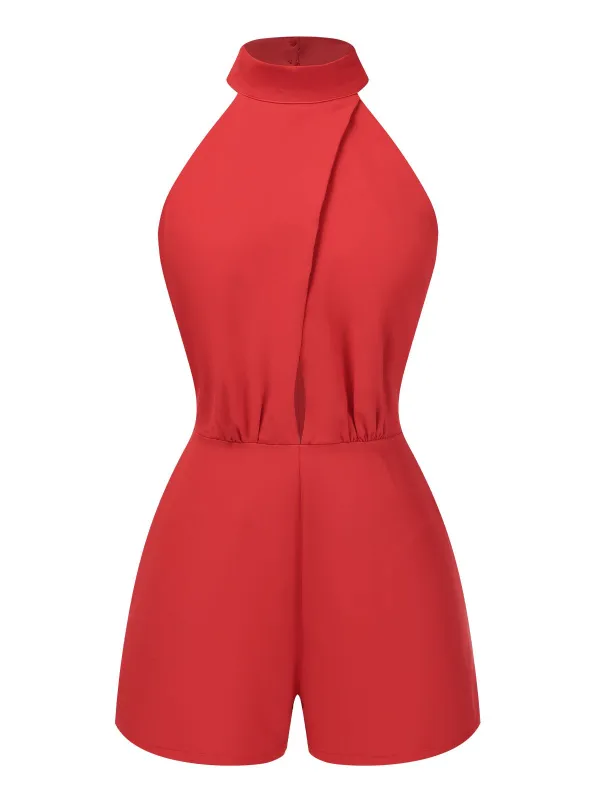 Red 1960s Solid Backless Romper sold by Retro Stage