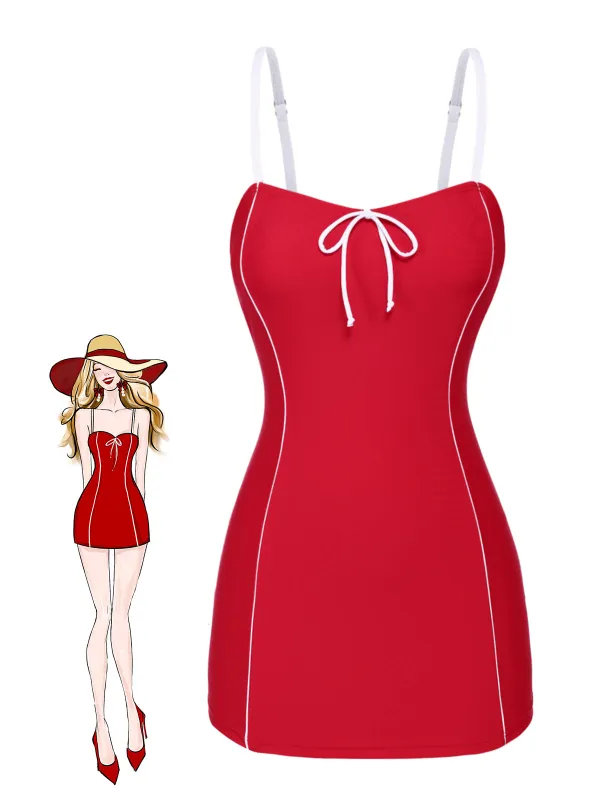 Red 1940s Bow Straps One-Piece Swimsuit sold by Retro Stage