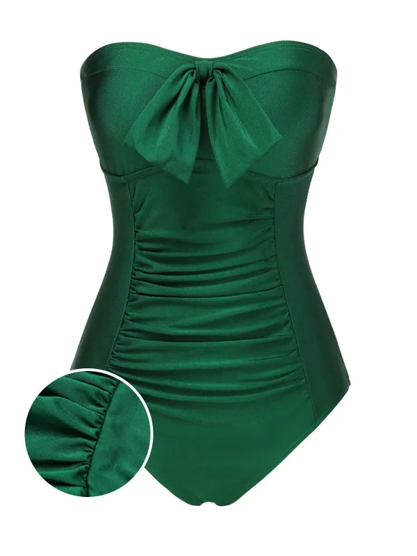 Dark Green 1970s Solid Pleated Bandeau Swimsuit sold by Retro Stage