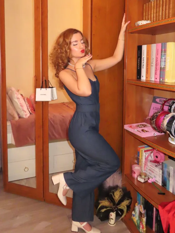 Navy Blue 1930s Cowboy Solid Strap Jumpsuit sold by Retro Stage