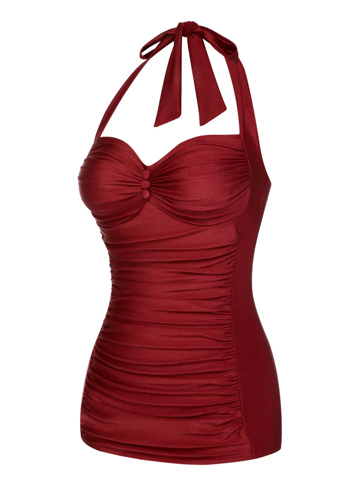 Red 1950s Solid Gathered Halter Swimsuit sold by Retro Stage product image thumbnail 3