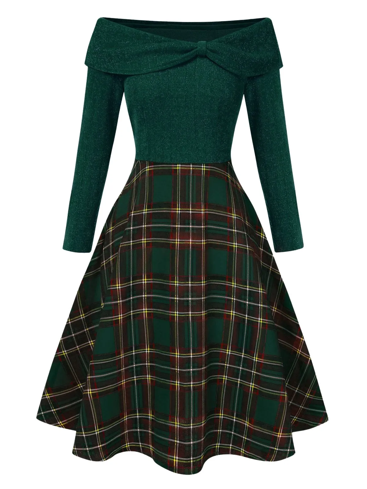 Green 1950s Christmas Off Shoulder Tartan Dress sold by Retro Stage product image thumbnail 2
