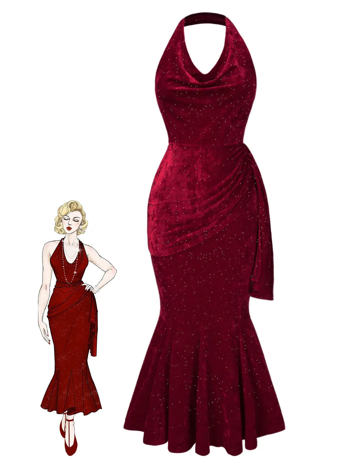 Deep Red 1930s Glitter Cowl Neck Mermaid Dress sold by Retro Stage product image thumbnail 2