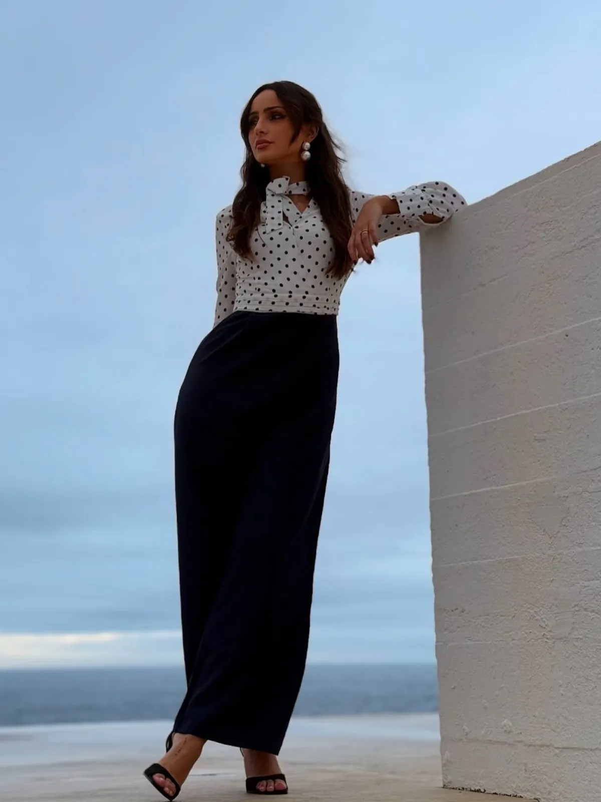 Blue & White 1930s Polka Dots Tie Neck Jumpsuit sold by Retro Stage