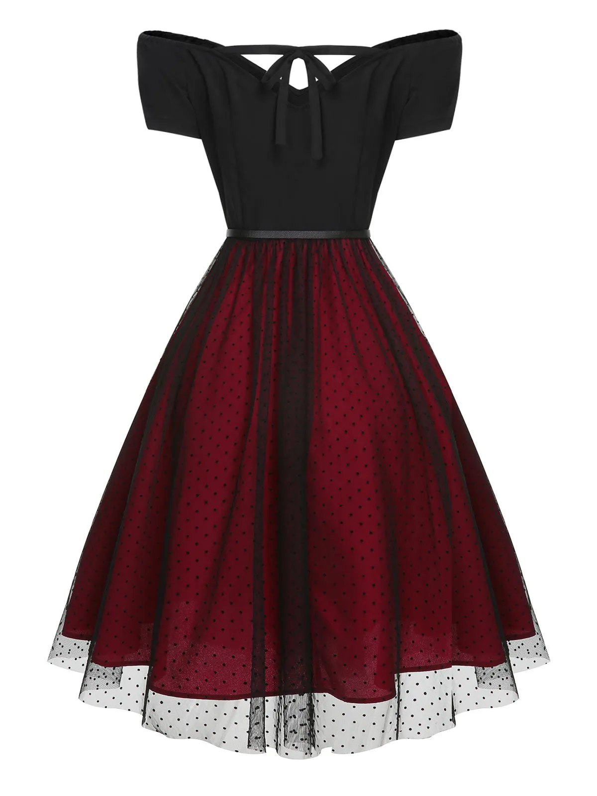 Wine Red 1950s Polka Dots Drop Shoulder Belt Dress sold by Retro Stage product image thumbnail 5
