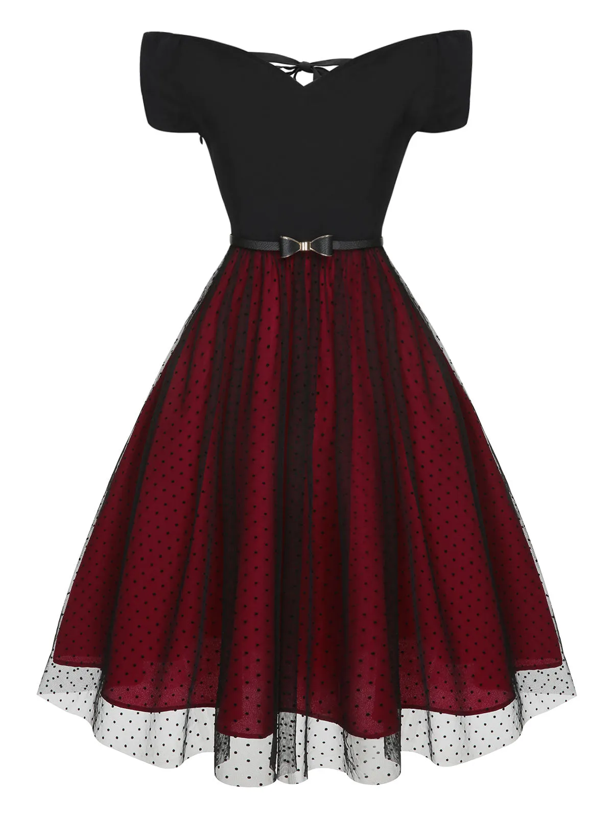 Wine Red 1950s Polka Dots Drop Shoulder Belt Dress sold by Retro Stage product image thumbnail 3