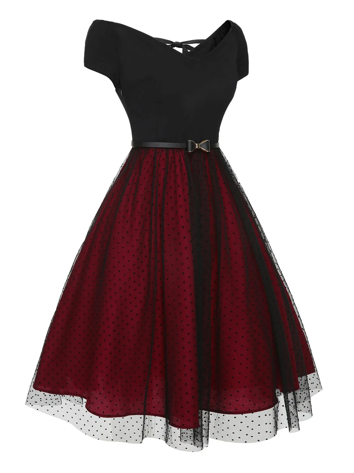 Wine Red 1950s Polka Dots Drop Shoulder Belt Dress sold by Retro Stage product image thumbnail 4