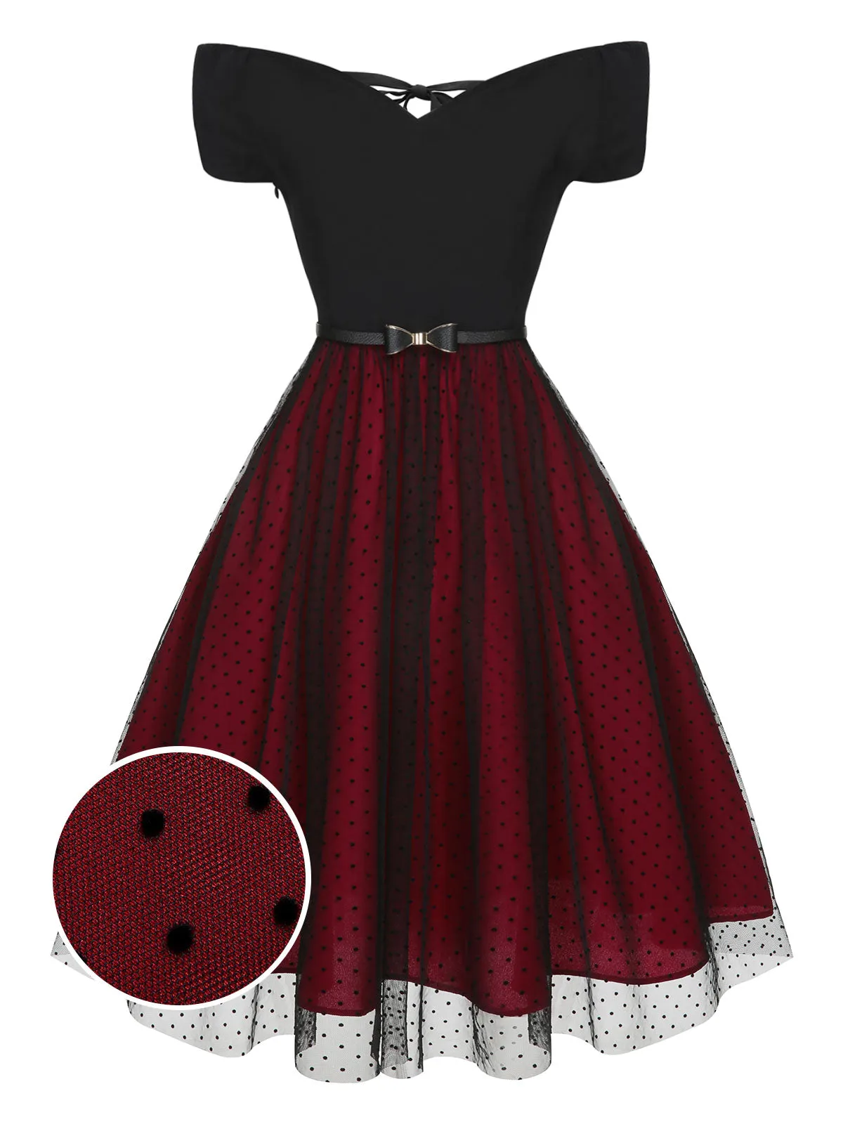 Wine Red 1950s Polka Dots Drop Shoulder Belt Dress sold by Retro Stage product image thumbnail 2