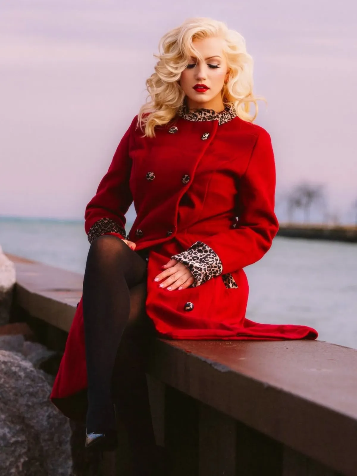 Wine Red 1950s Leopard Patchwork Button Coat sold by Retro Stage