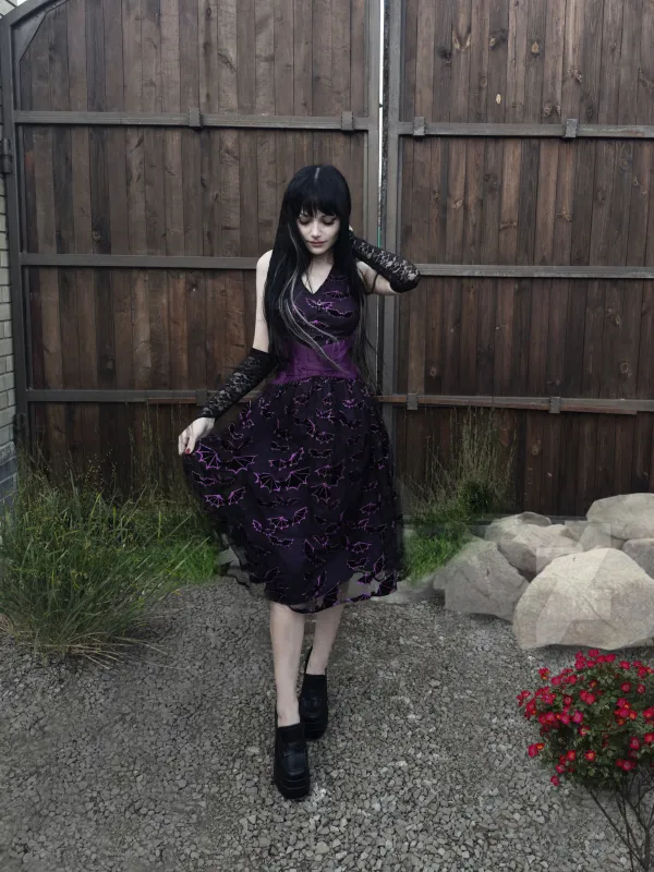 Deep Purple 1950s Halloween Bat Bow Dress sold by Retro Stage