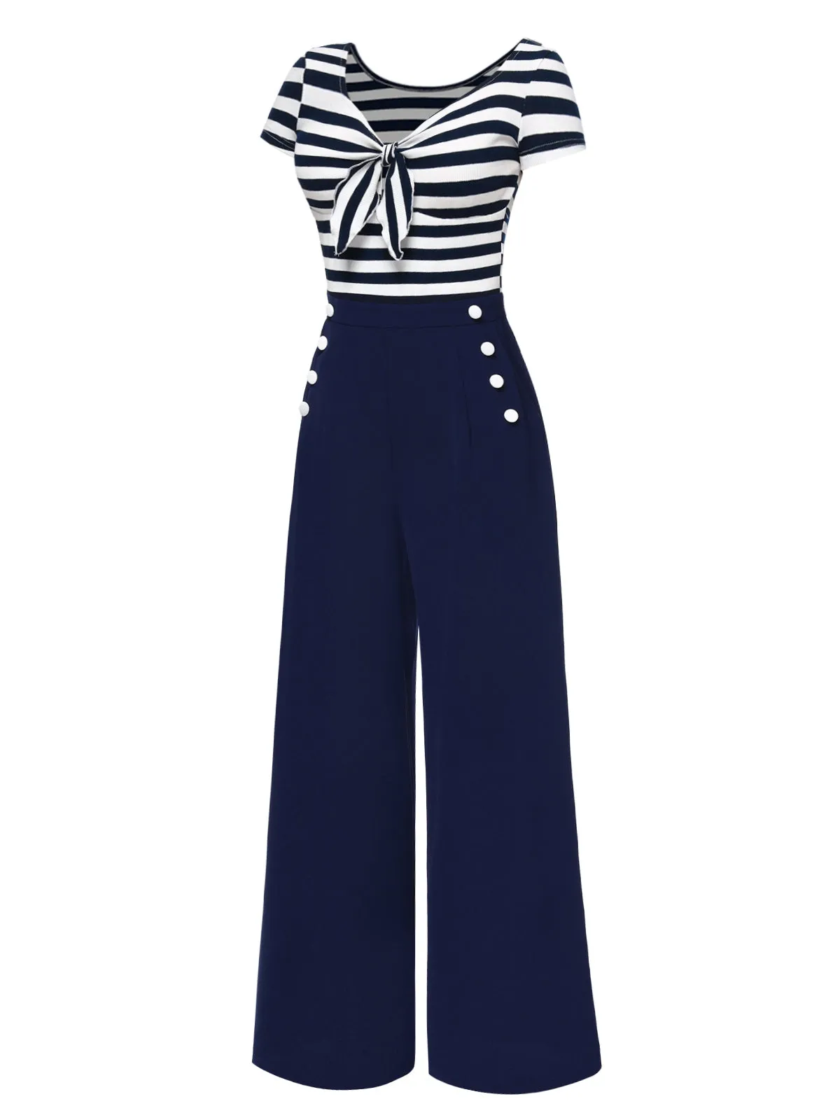 Blue 1950s Hollow Bow Stripe Patchwork Jumpsuit sold by Retro Stage product image thumbnail 4