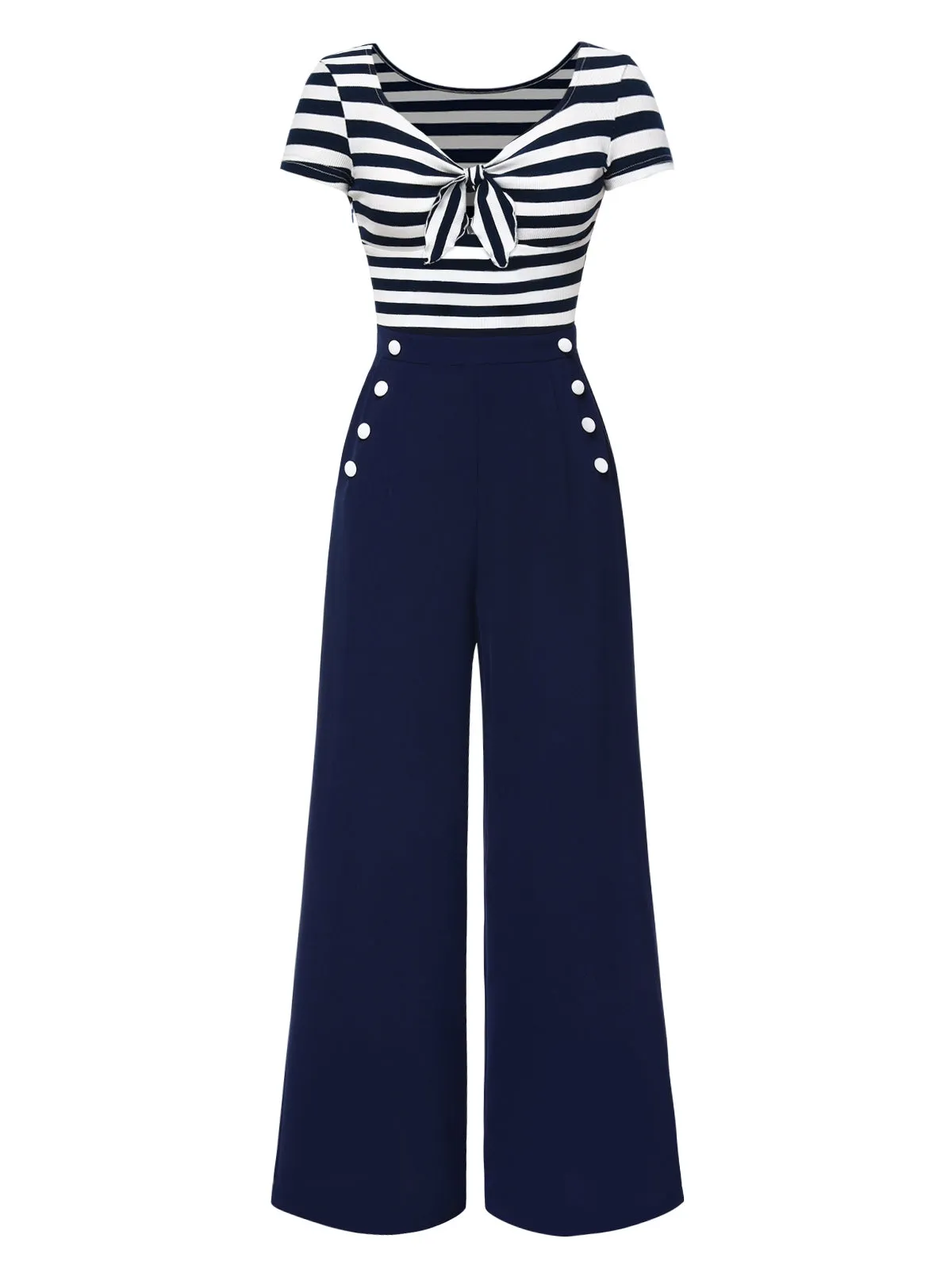 Blue 1950s Hollow Bow Stripe Patchwork Jumpsuit sold by Retro Stage product image thumbnail 3