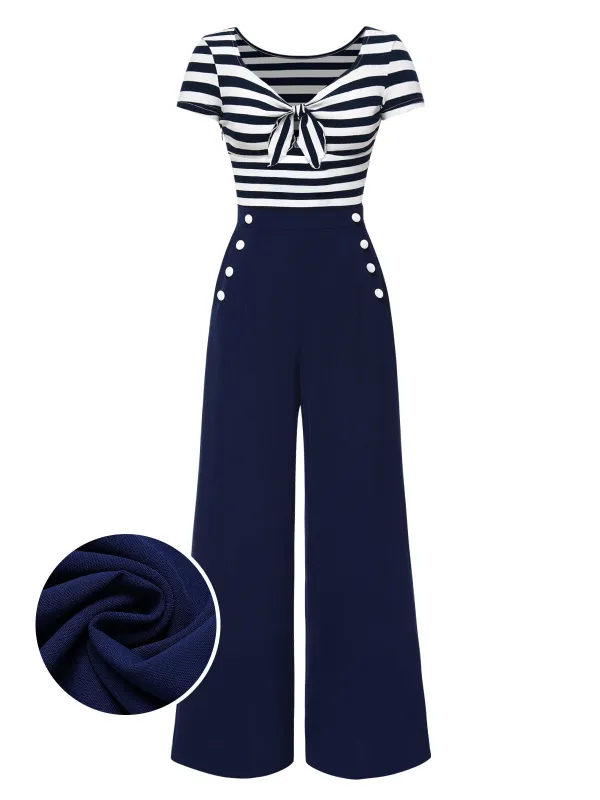 Blue 1950s Hollow Bow Stripe Patchwork Jumpsuit sold by Retro Stage