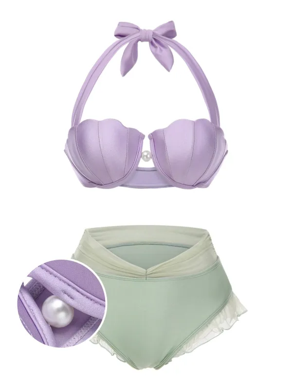 Lavender 1970s Mermaid Shell Halter Bikini Set sold by Retro Stage