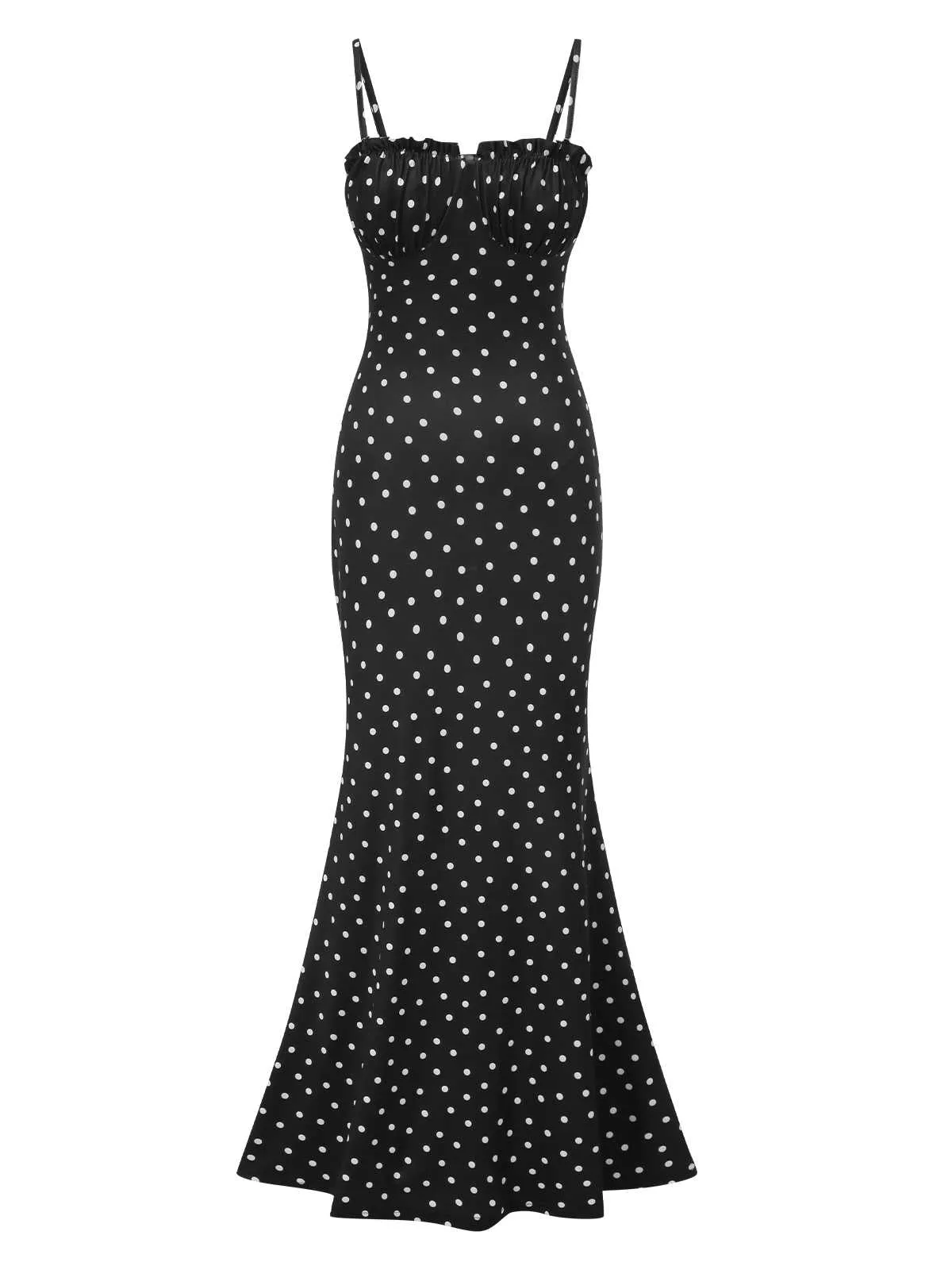 Black 1930s Polka Dots Backless Mermaid Maxi Dress sold by Retro Stage