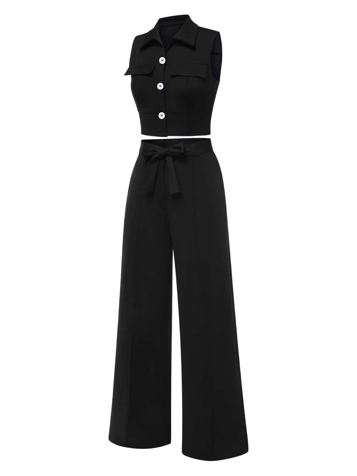 2PCS Black 1960s Lapel Sleeveless Vest & Pants sold by Retro Stage product image thumbnail 2