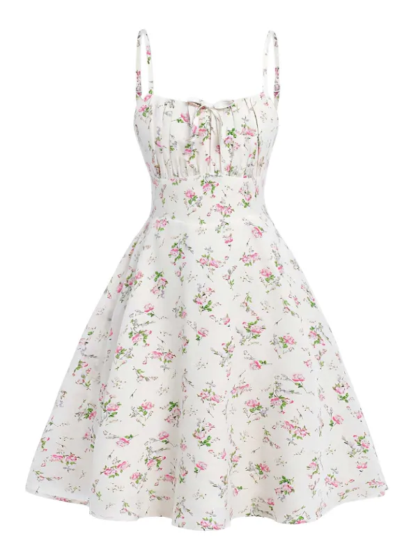 White 1950s Spaghetti Strap Floral A-Line Dress sold by Retro Stage