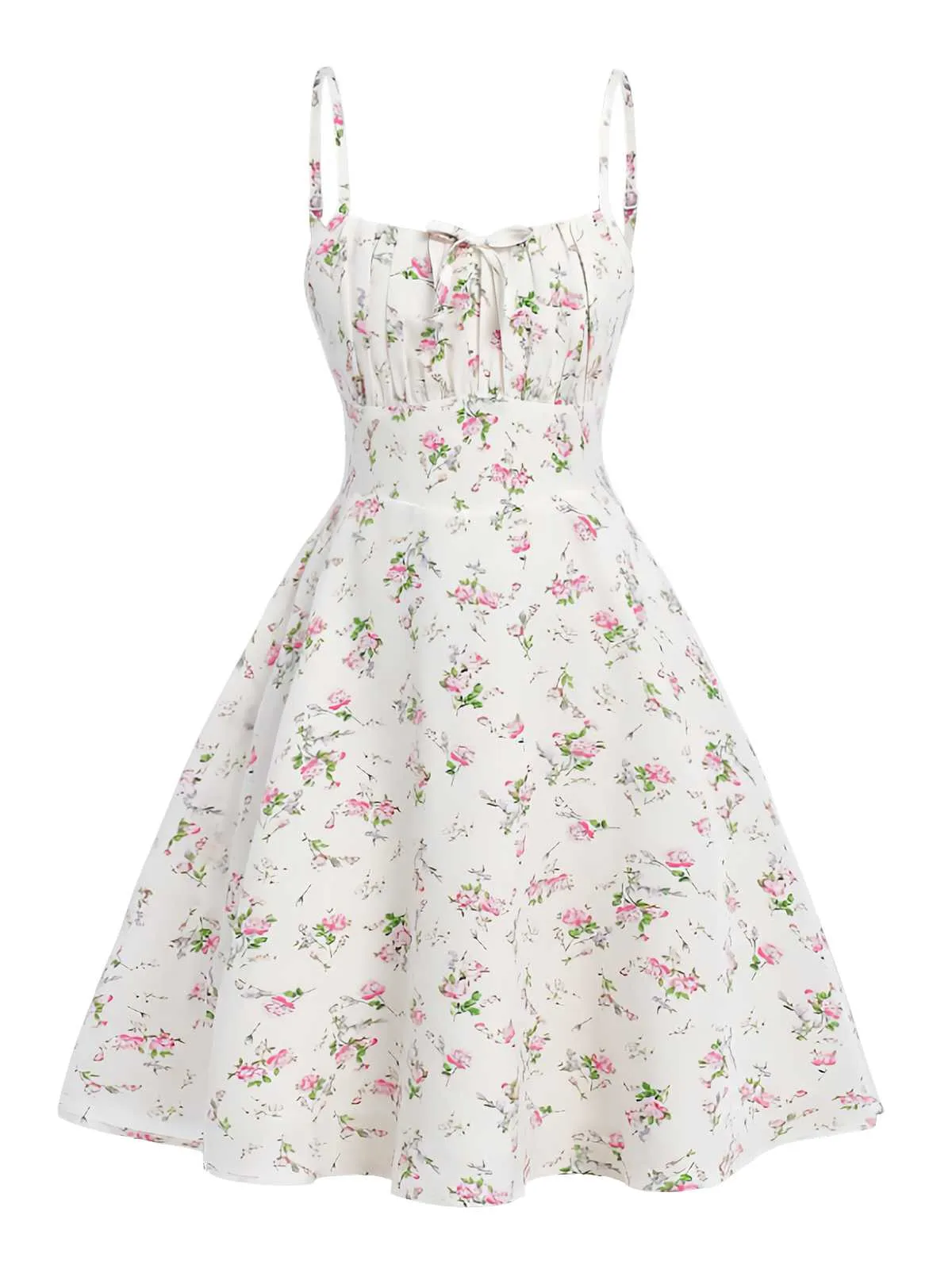 White 1950s Spaghetti Strap Floral A-Line Dress sold by Retro Stage