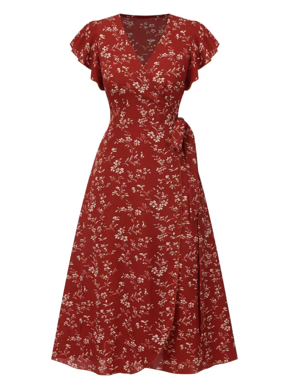 Wine Red 1940s V-Neck Floral Slit Dress sold by Retro Stage