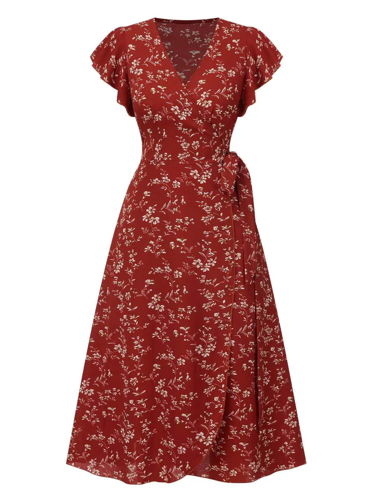 Wine Red 1940s V-Neck Floral Slit Dress sold by Retro Stage