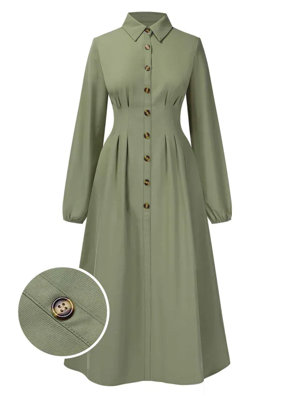 Green 1940s Shirt Neck Long Sleeve Solid Dress sold by Retro Stage