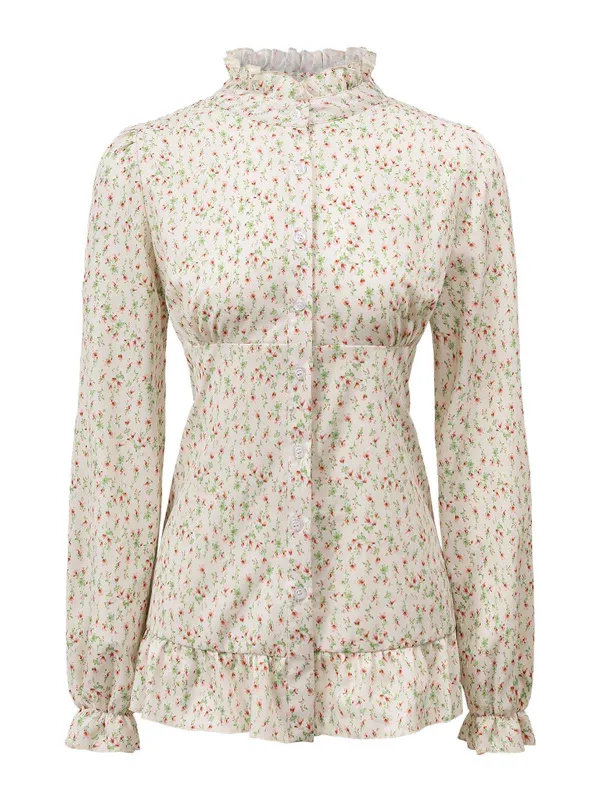 1970s High Neck Ditsy Floral Ruffles Blouse sold by Retro Stage