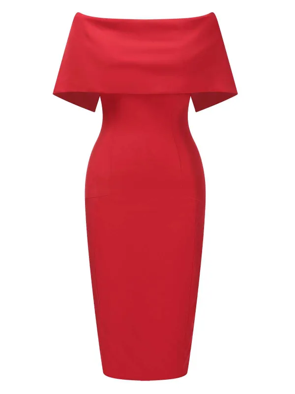 Red 1960s Off-Shoulder Solid Bodycon Dress sold by Retro Stage