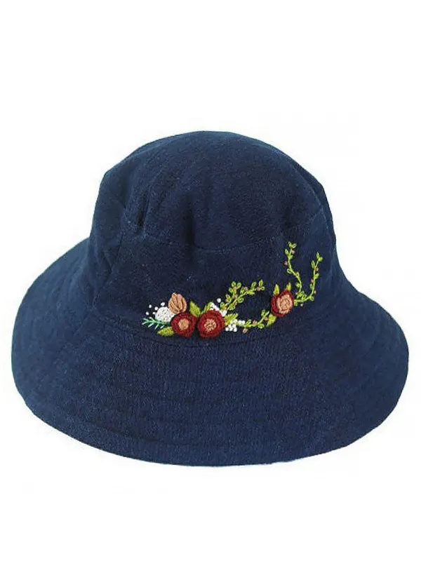Deep Blue Indigo Dyed Handmade Embroidered Floral Hat sold by Retro Stage