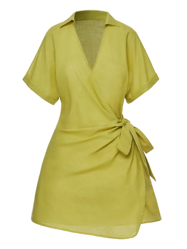 Green 1940s V-Neck Lapel Waist Tie Romper sold by Retro Stage