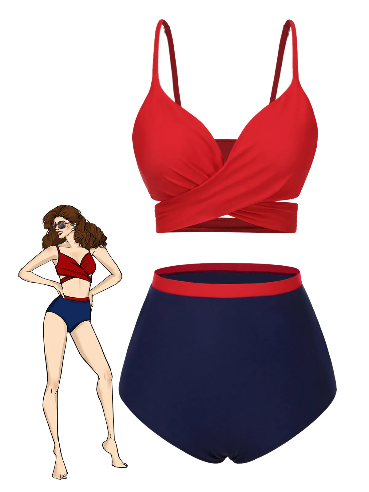 Red 1930s Spaghetti Strap Color Block Swimsuit sold by Retro Stage